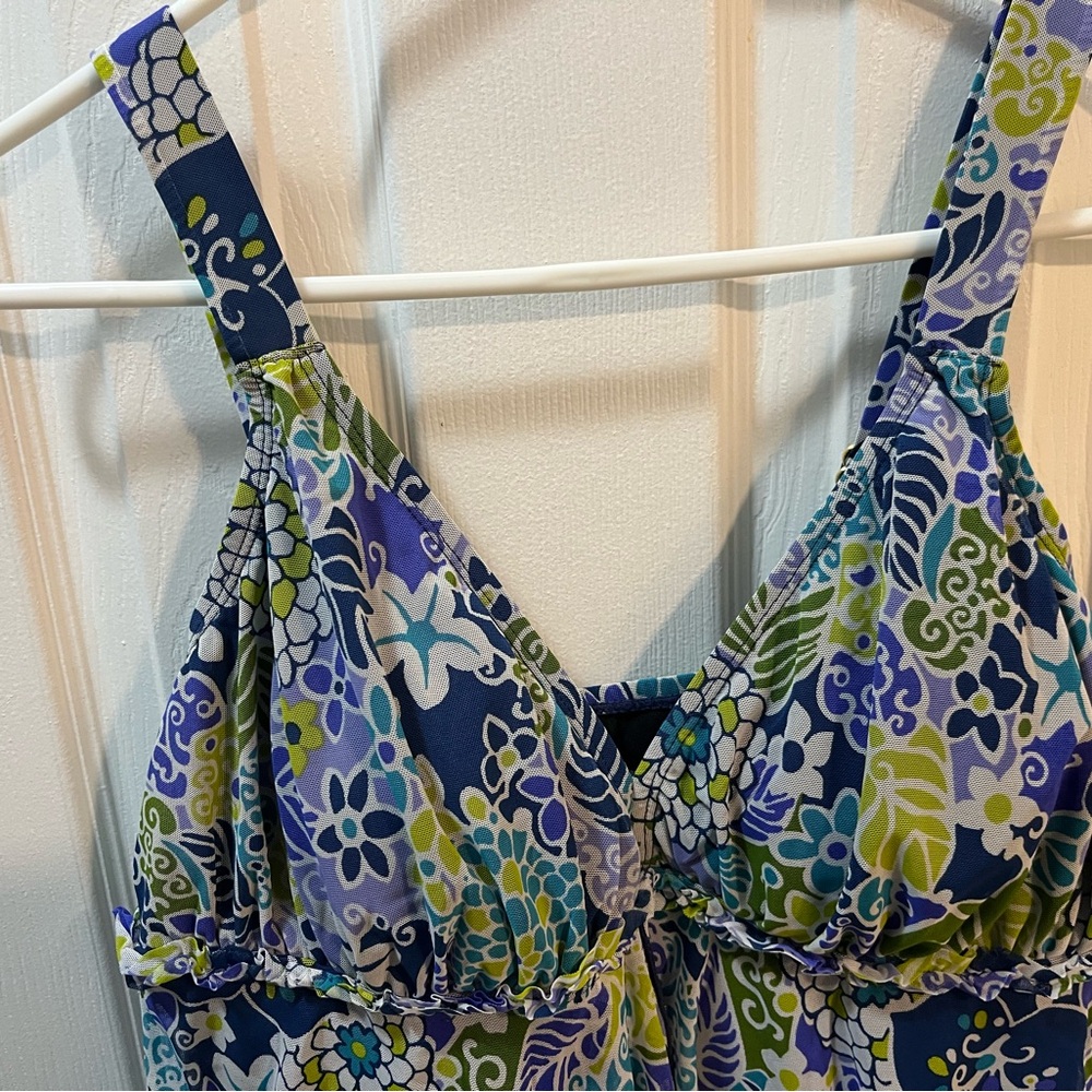 A Shore Fit Floral Swimsuit in Blue and Green Flowy Skirt Adj Straps Size 16 - Picture 2 of 7